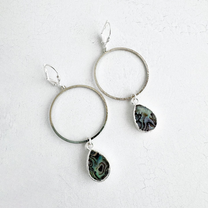 Abalone Teardrop Hoop Dangle Earrings in Brushed Silver