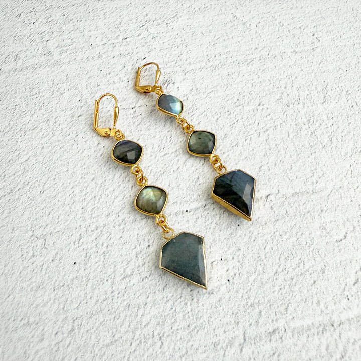 Long Labradorite Shield Gemstone Drop Earrings in Gold