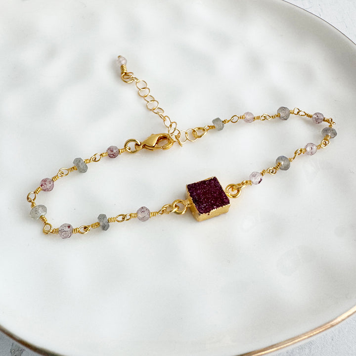 Burgundy Druzy and Strawberry Quartz Beaded Chain Bracelet in Gold