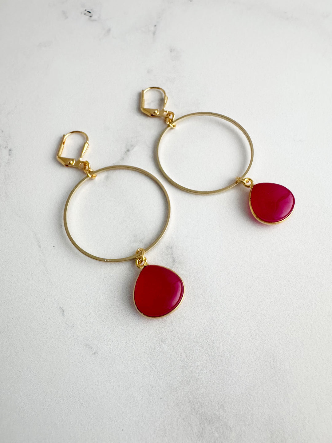 Fuchsia Chalcedony Teardrop Hoops in Gold