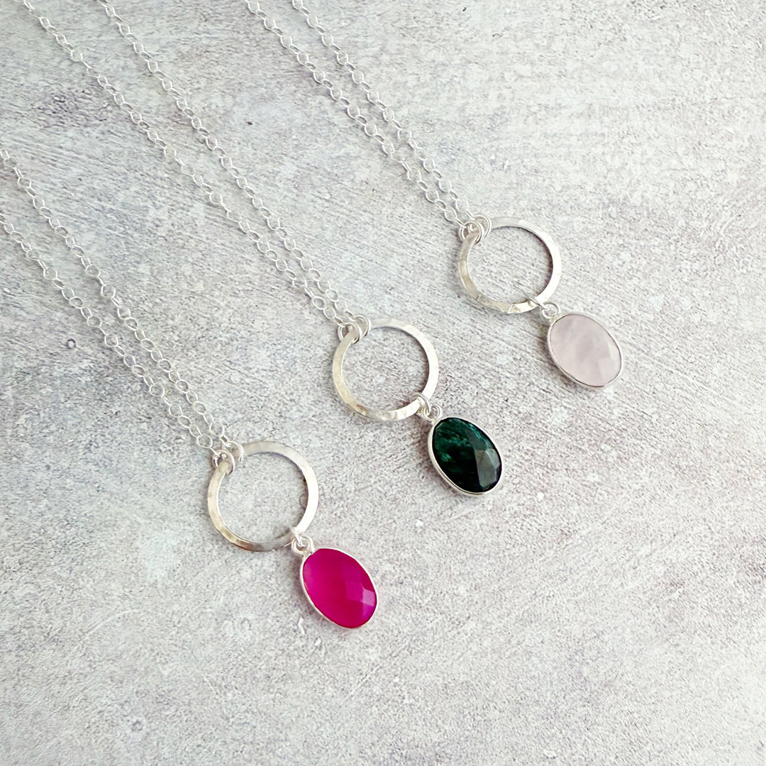 Gemstone and Circle Pendant Necklaces in Silver