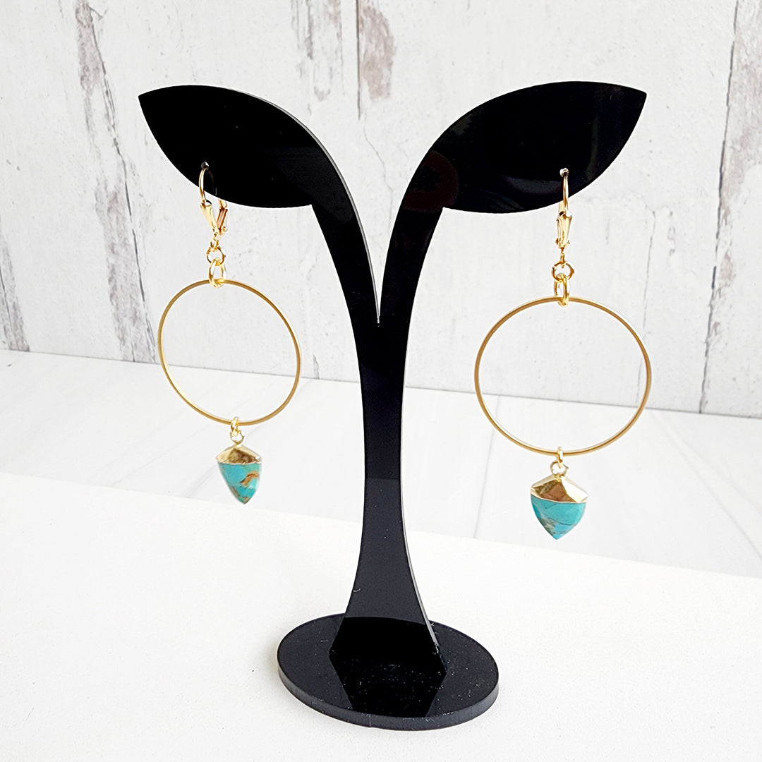 Turquoise Shield Stone Hoop Earrings in Gold or Silver