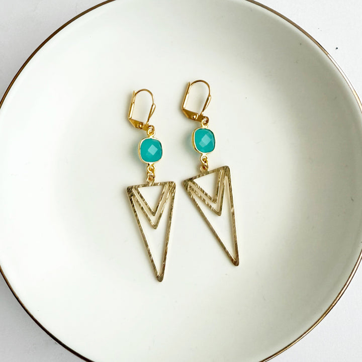 Aqua Chalcedony and Layered Triangle Statement Earrings