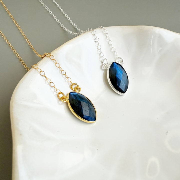Labradorite Vertical Marquise Bezel Pendant Necklace