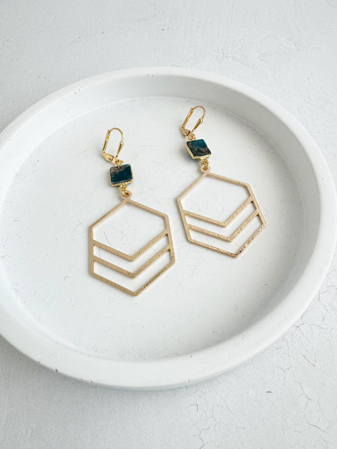 Double Hexagon Earrings with Teal Mojave Stones in Brushed Gold and Silver