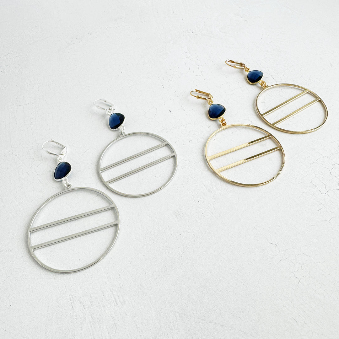 Geometric Hoops with Blue Lolite Stones in Gold and Silver