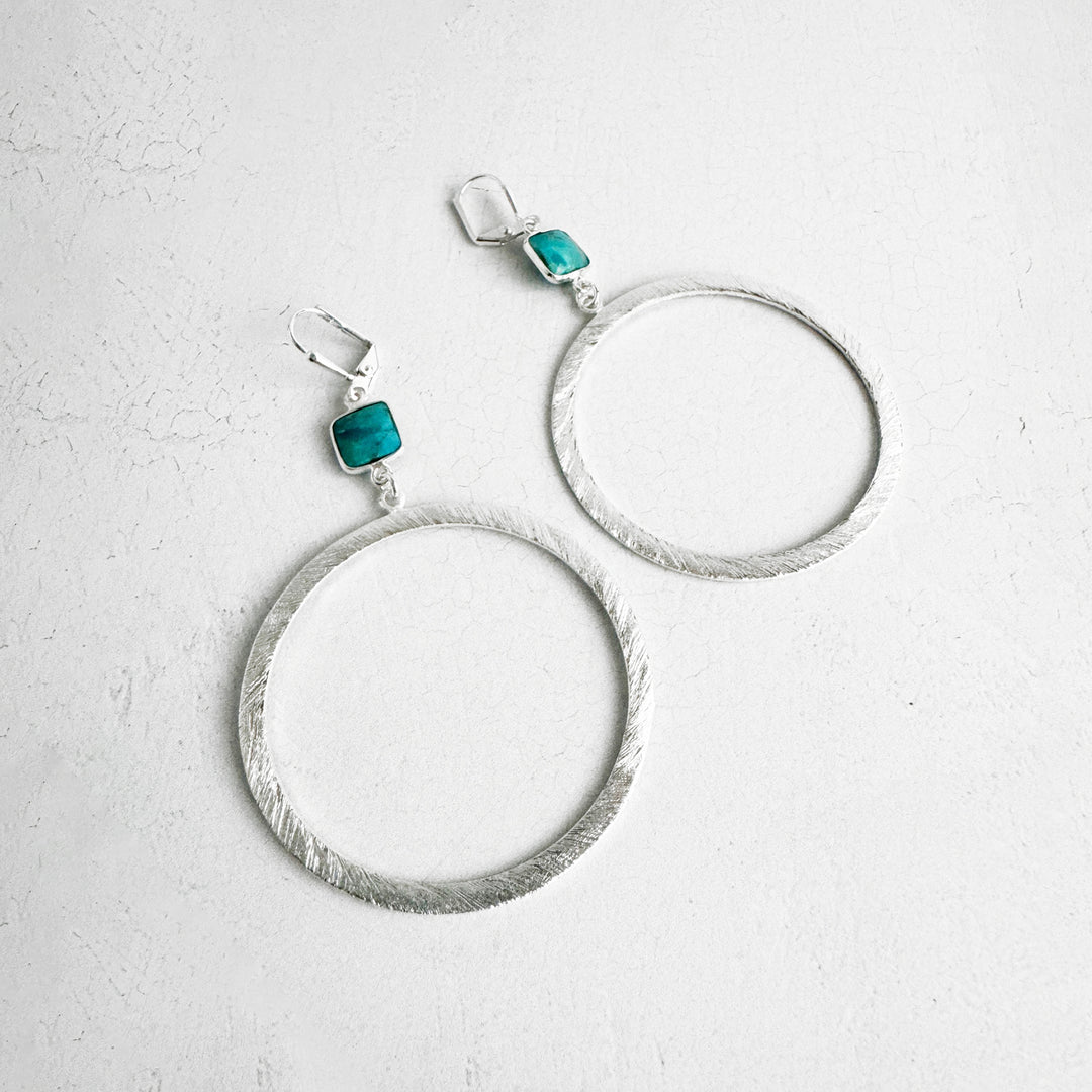 Large Turquoise Hoop Earrings in Brushed Silver