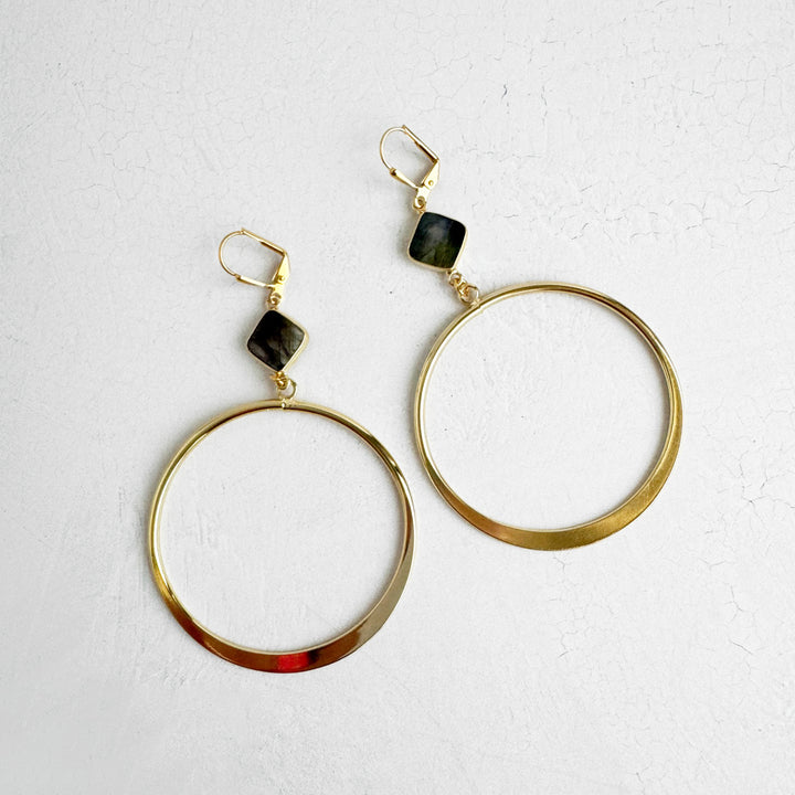 Labradorite Hoop Statement Earrings in Gold