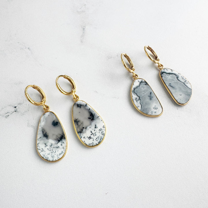 Statement Gemstone Slice Drop Earrings in Gold - Dendrite Opal