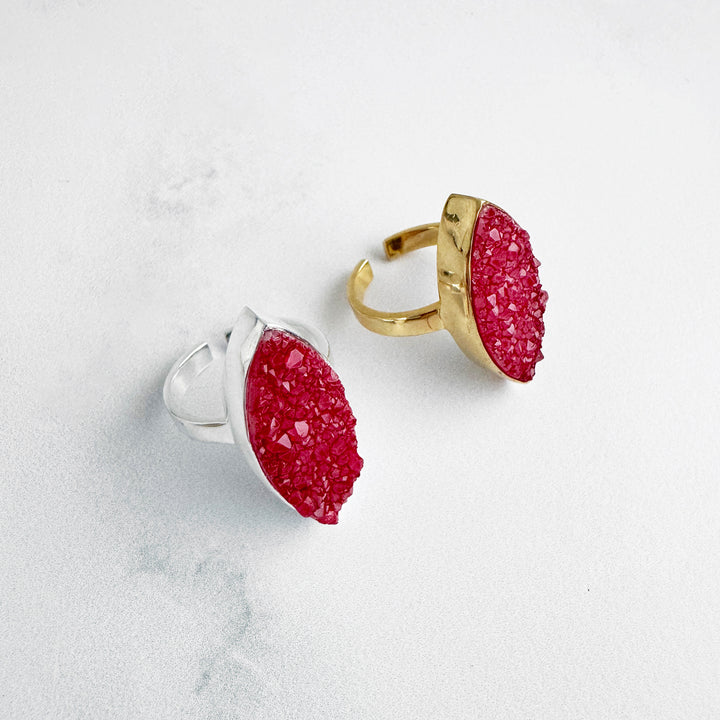 Red Druzy Marquise Statement Cocktail Ring. Silver or Gold Adjustable