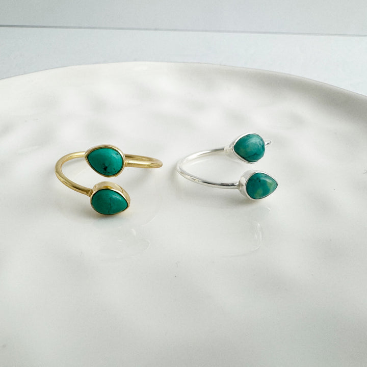 Tibetan Turquoise Double Stone Wrap Ring in Gold and Silver