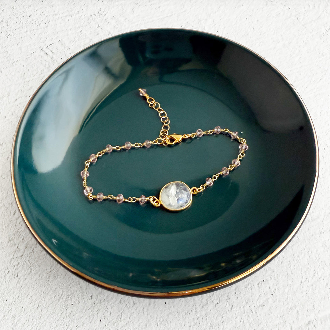 Moonstone and Pink Crystal Beaded Chain Bracelet in Gold
