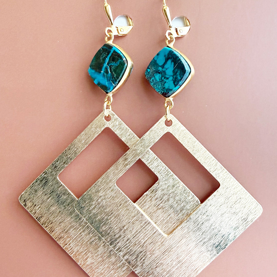 Chrysocolla Diamond Pendant Statement Earrings in Brushed Gold