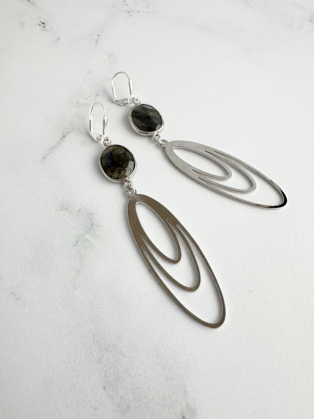 Labradorite Stone and Long Oval Statement Earrings in Silver