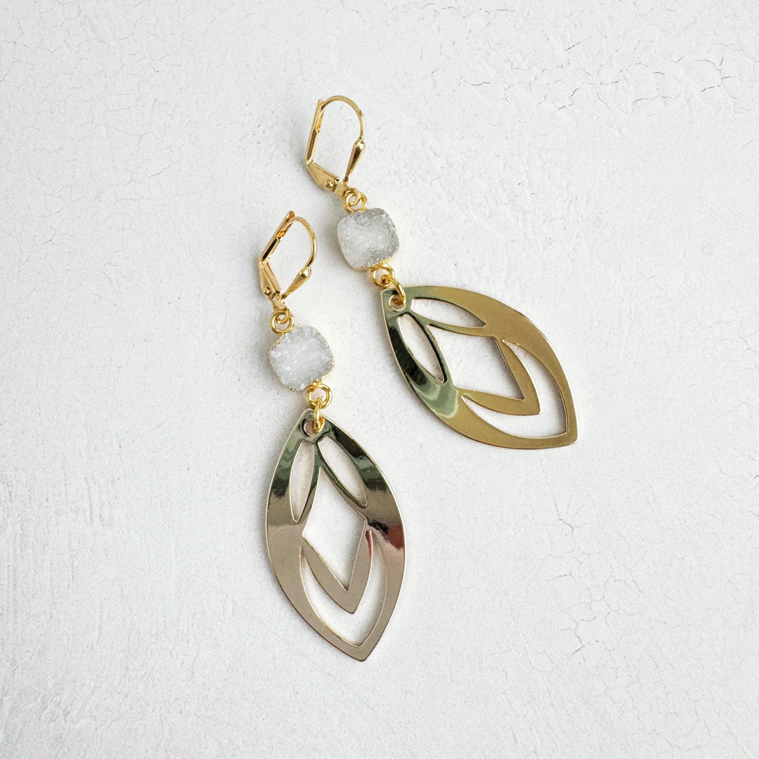 White Druzy Celtic Dangle Earrings in Gold