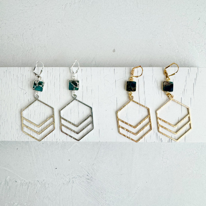 Double Hexagon Earrings with Teal Mojave Stones in Brushed Gold and Silver