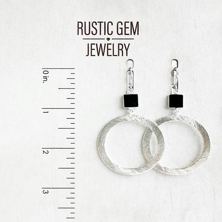 Black Onyx Hoop Earrings in Brushed Silver