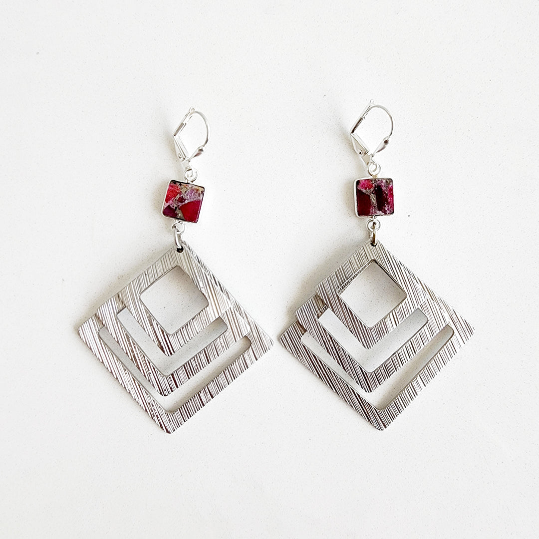 Fuchsia Mojave Square Statement Earrings in Brushed Silver