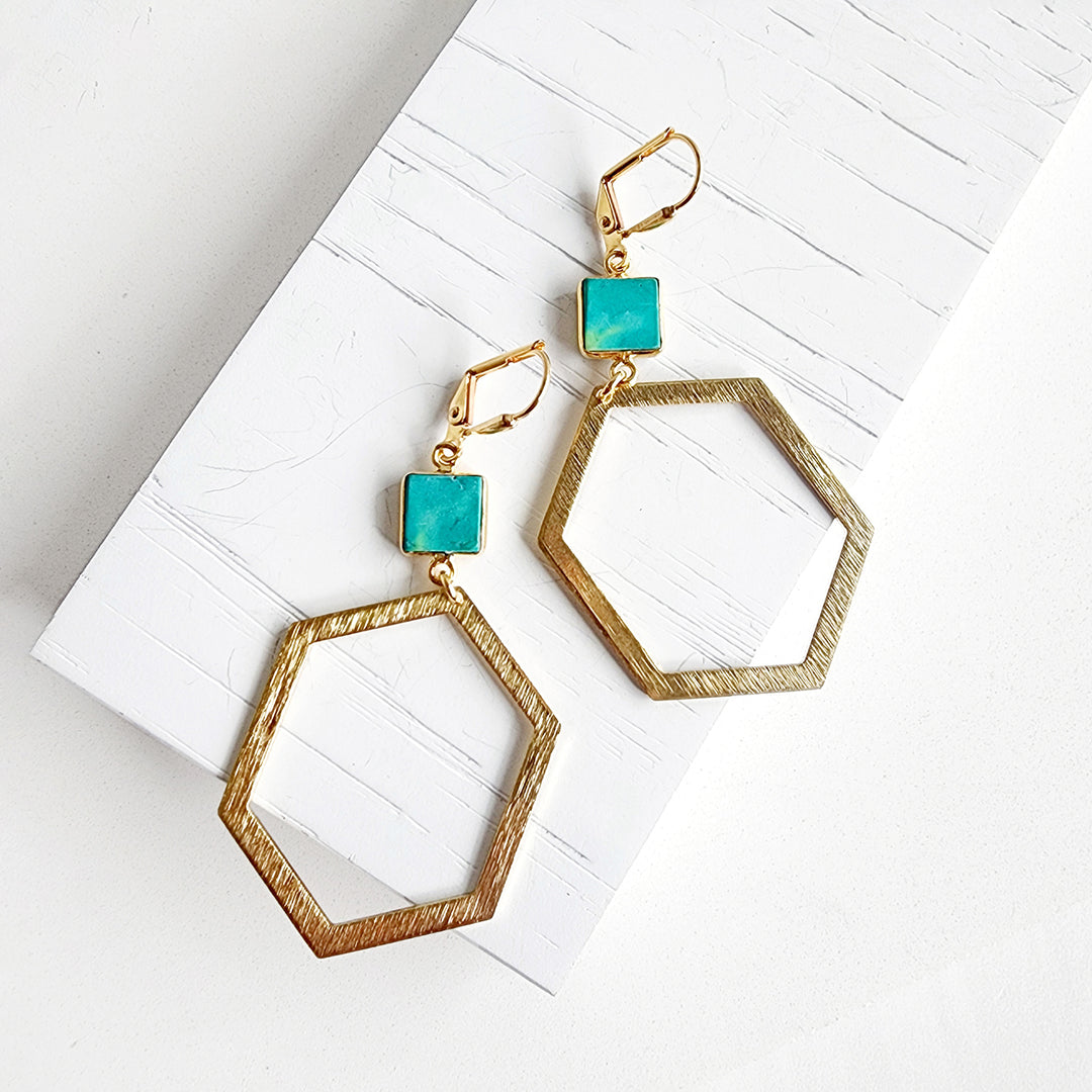 Tibetan Turquoise Hexagon Statement Earrings in Brushed Gold