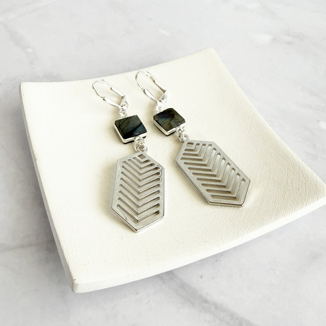 Labradorite Chevron Dangle Earrings in Silver