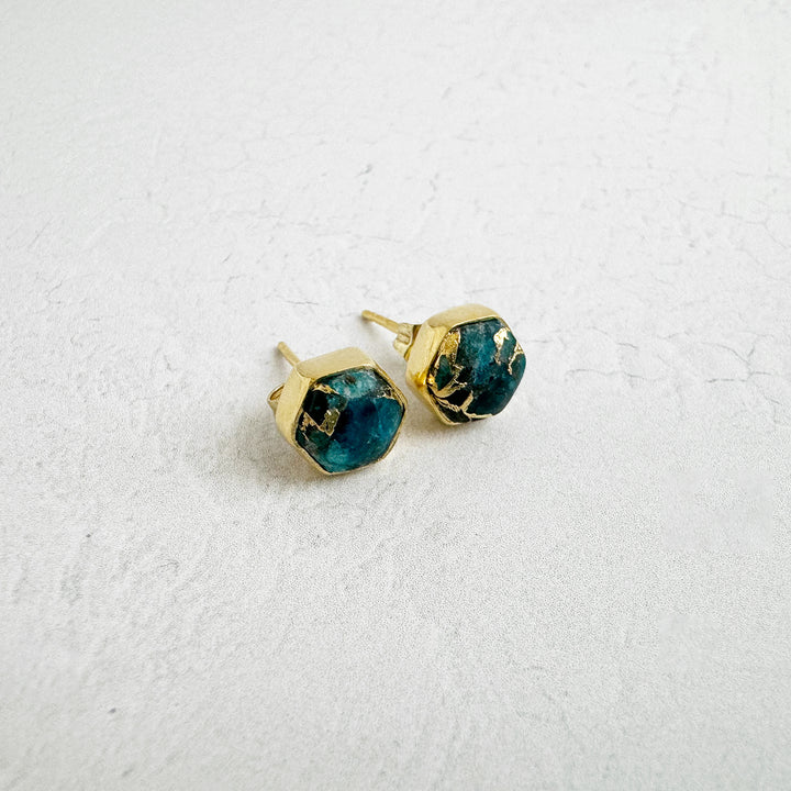 Apatite Hexagon Stud Earrings in Gold and Silver