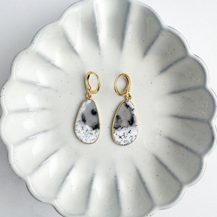 Statement Gemstone Slice Drop Earrings in Gold - Dendrite Opal