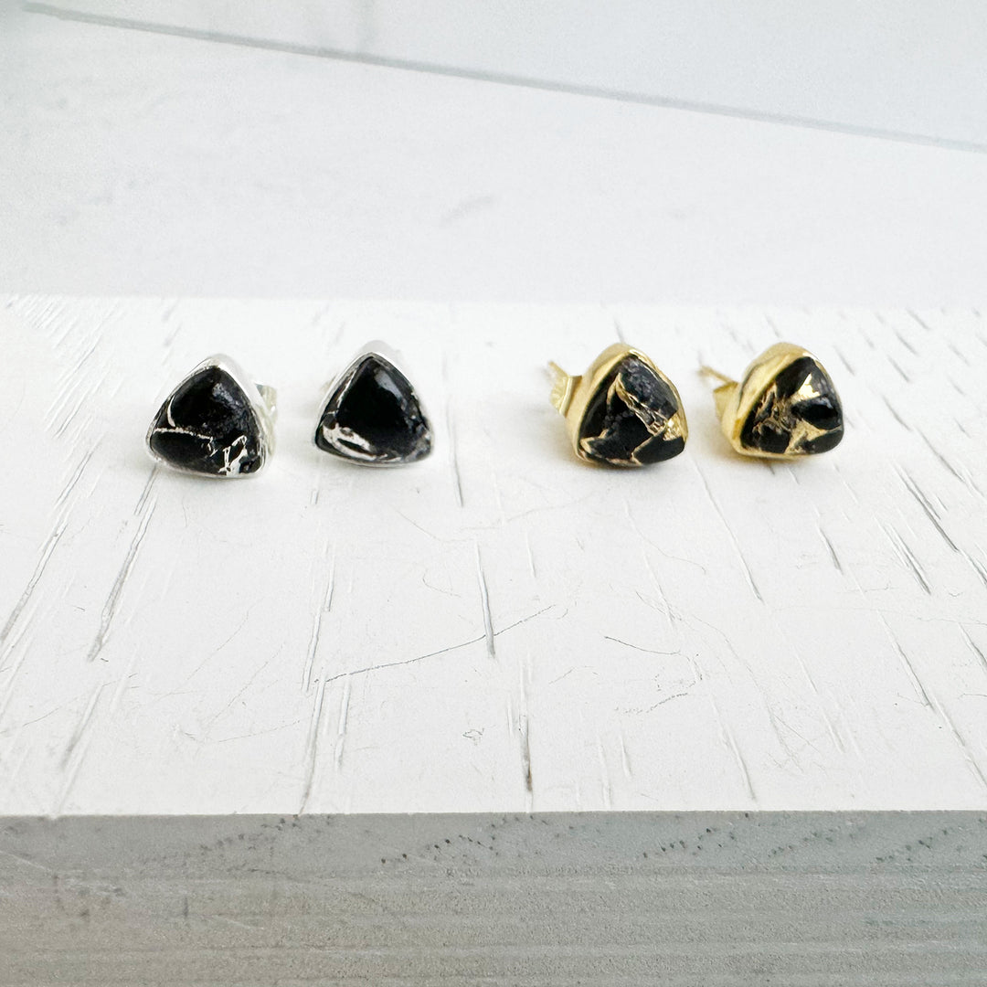 Black Mojave Triangle Stud Earrings in Gold and Silver