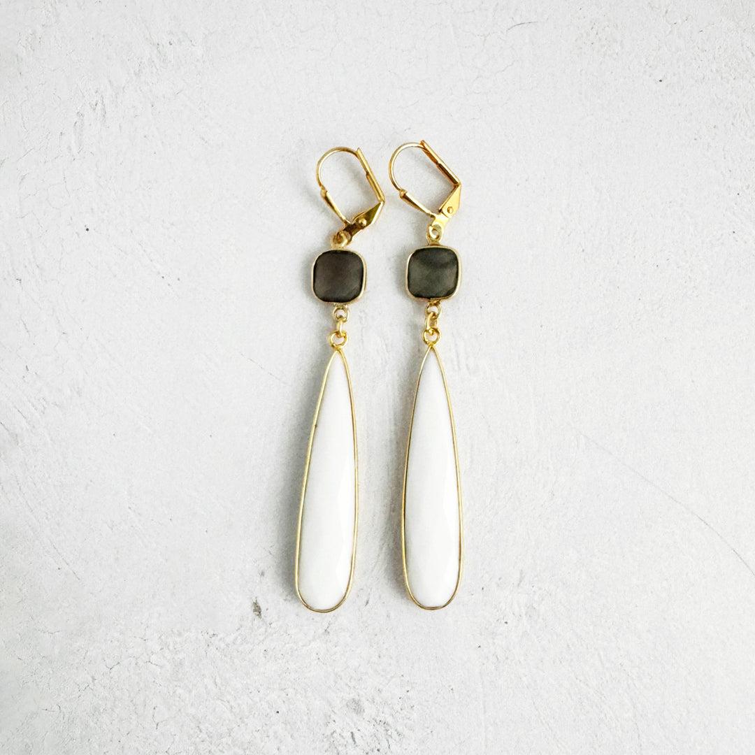 Long White Agate and Moonstone Earrings in Gold