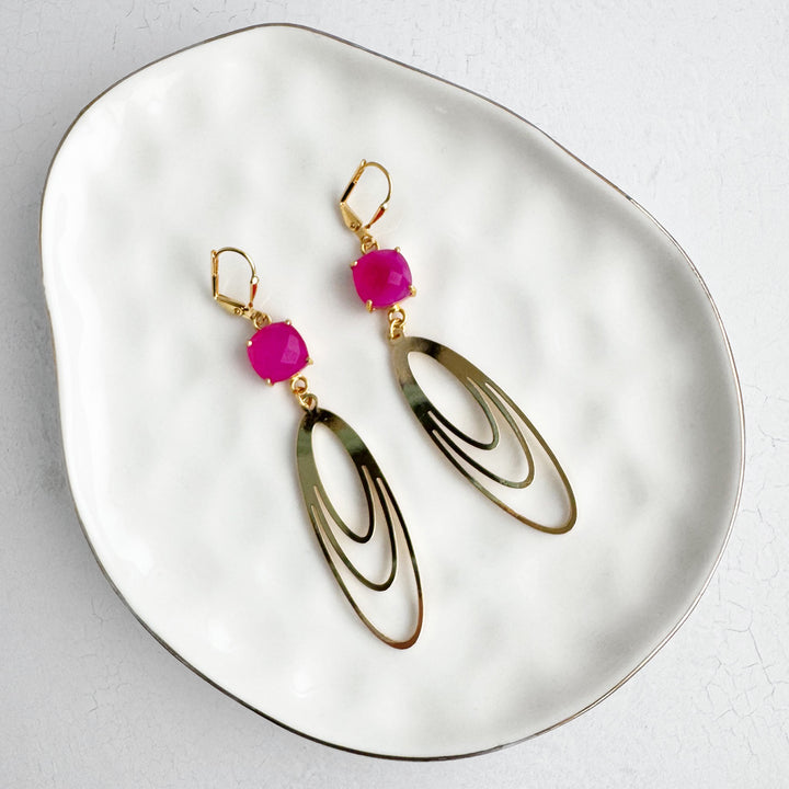 Pink Chalcedony and Layered Oval Earrings in Brushed Gold and Silver