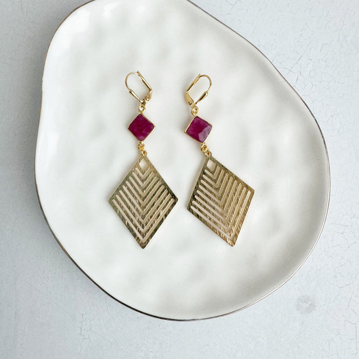 Ruby and Brushed Gold Patterned Diamond Statement Earrings in Gold