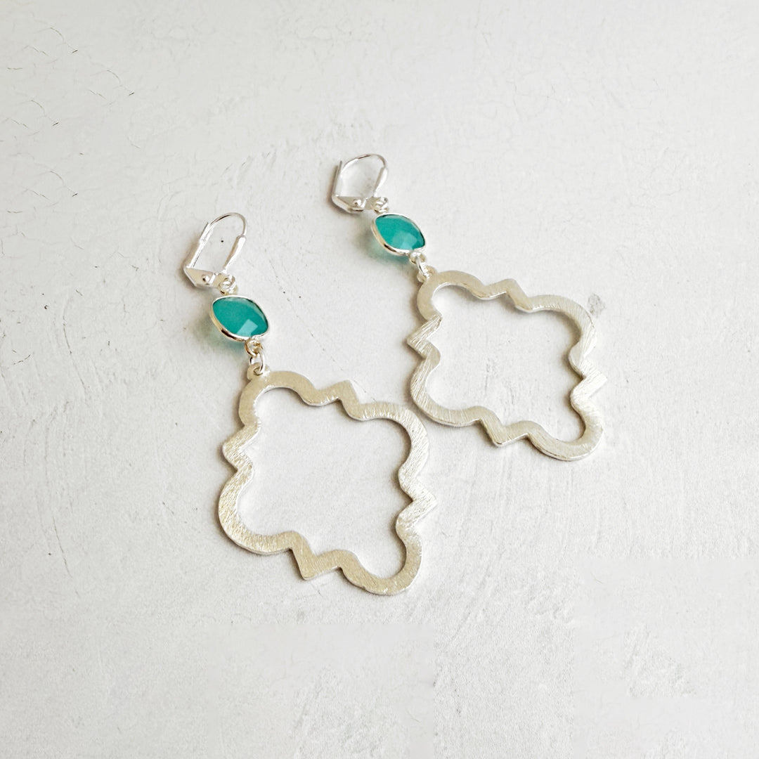 Aqua Chalcedony Quatrefoil Earrings in Brushed Silver