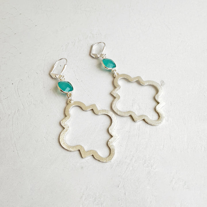 Aqua Chalcedony Quatrefoil Earrings in Brushed Silver
