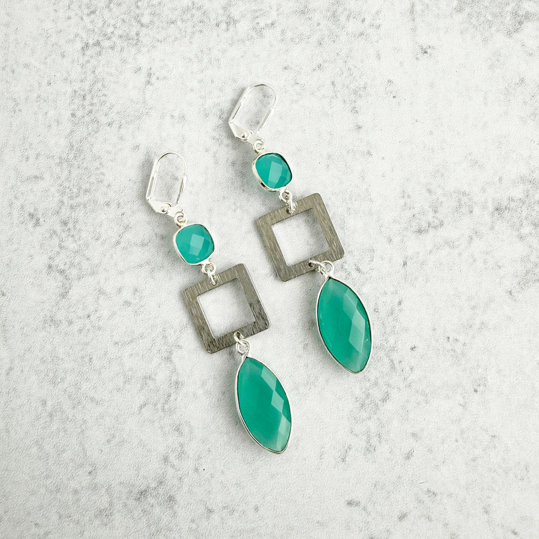 Aqua Chalcedony Marquise and Square Earrings in Brushed Silver