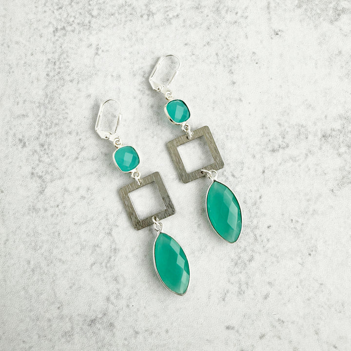 Aqua Chalcedony Marquise and Square Earrings in Brushed Silver