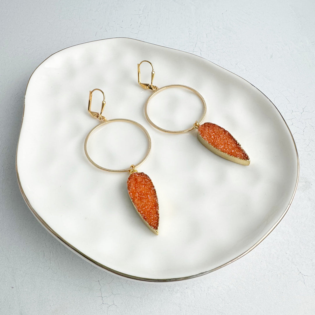 Orange Druzy Statement Hoop Earrings in Gold