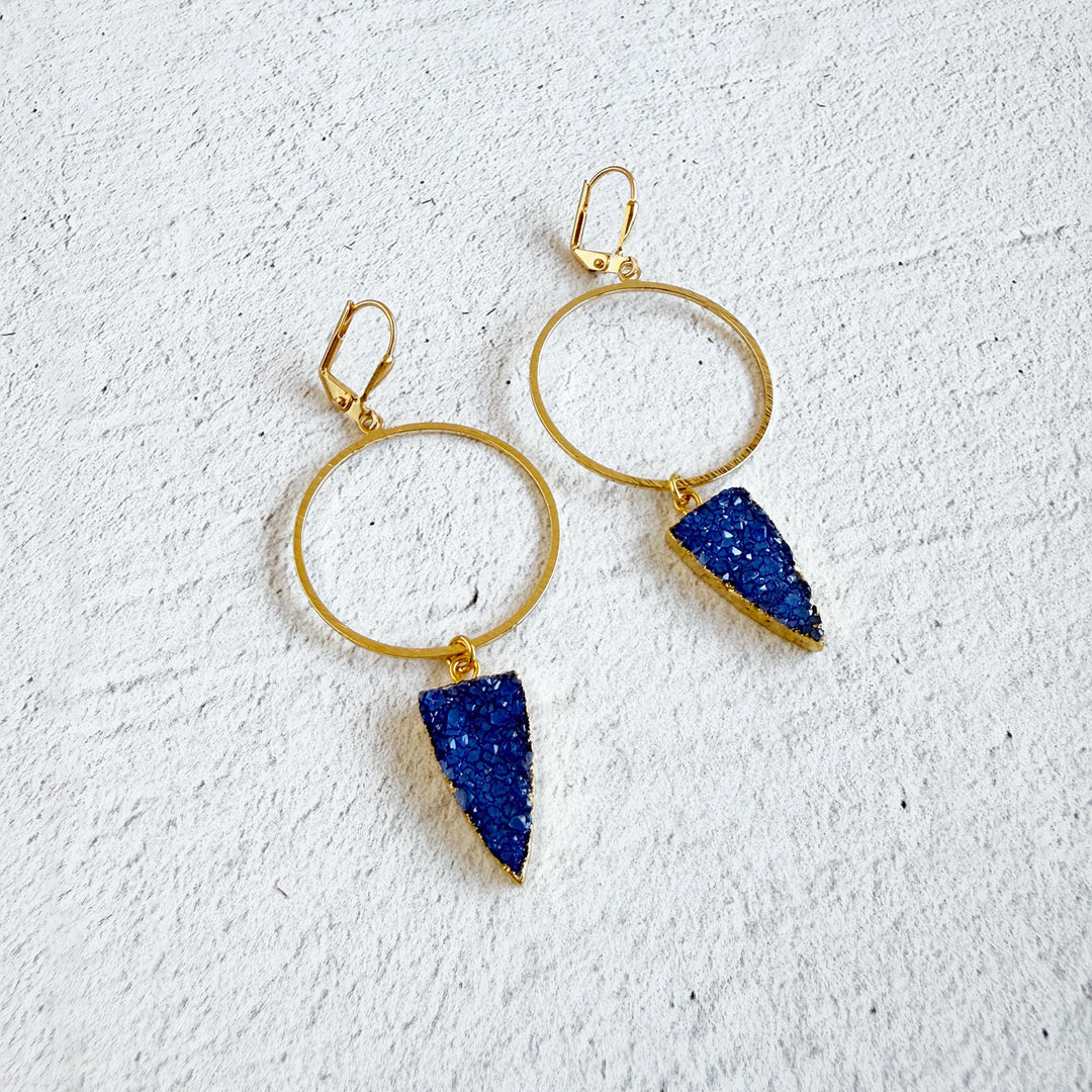 Blue Druzy Shield Hoop Dangle Earrings in Brushed Gold