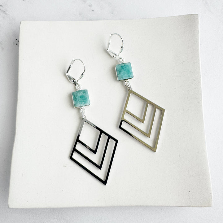 Amazonite and Layered Diamond Statement Earrings in Silver