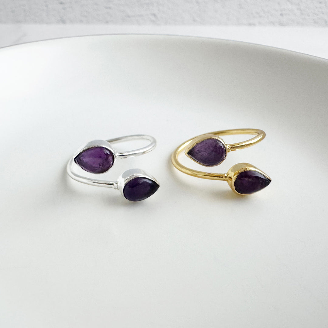 Drop Stone Ring Double Teardrop Stone Wrap Ring in Amethyst. Statement Gemstone Ring ...