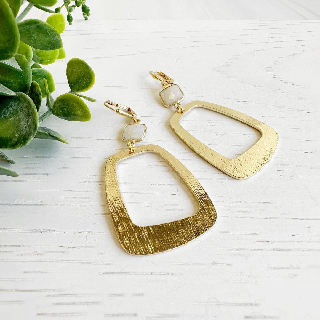 Moonstone Statement Dangle Earrings in Brushed Gold