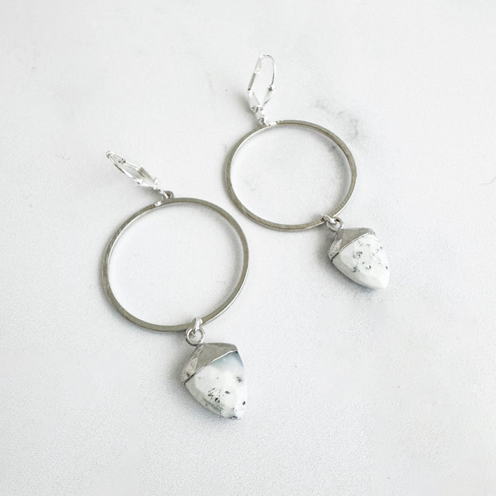 Dendrite Opal Hoop Dangle Earrings in Brushed Silver