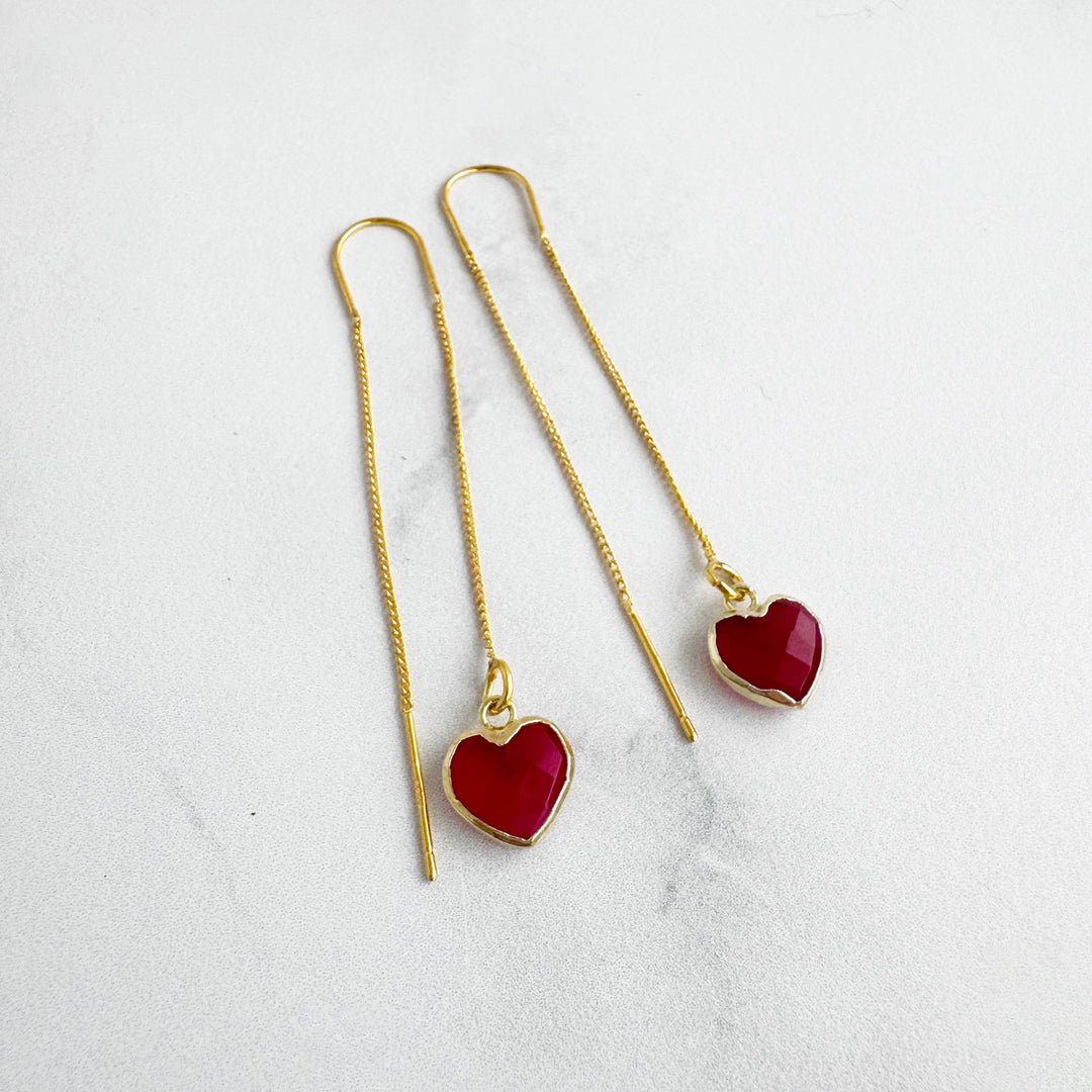 Fuchsia Chalcedony Heart Drop Threader Earrings in Gold