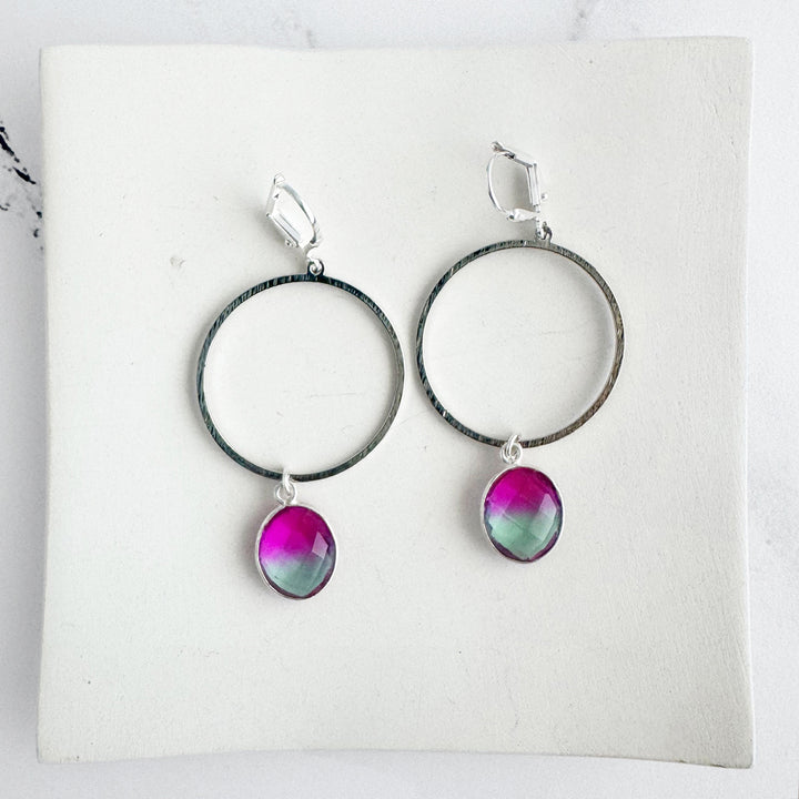 Pink Aura Quartz Hoop Dangle Earrings in Brushed Silver