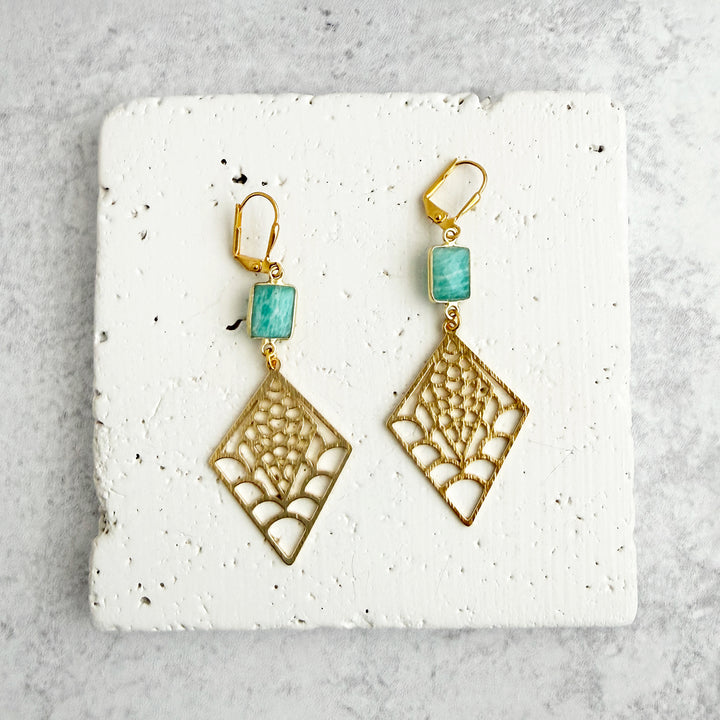Amazonite and Webbed Diamond Earrings in Brushed Gold