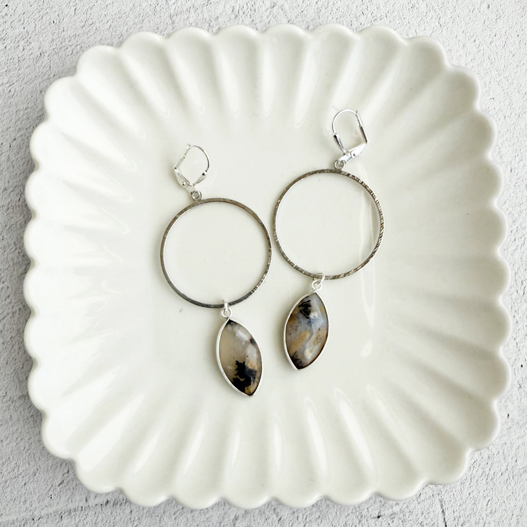 Australian Opal Marquise Hoop Dangle Earrings in Brushed Silver
