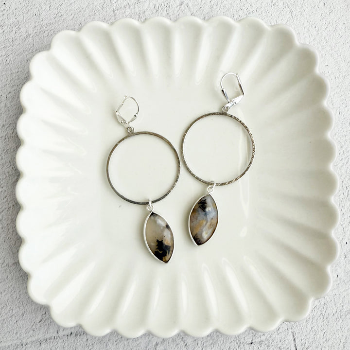 Australian Opal Marquise Hoop Dangle Earrings in Brushed Silver
