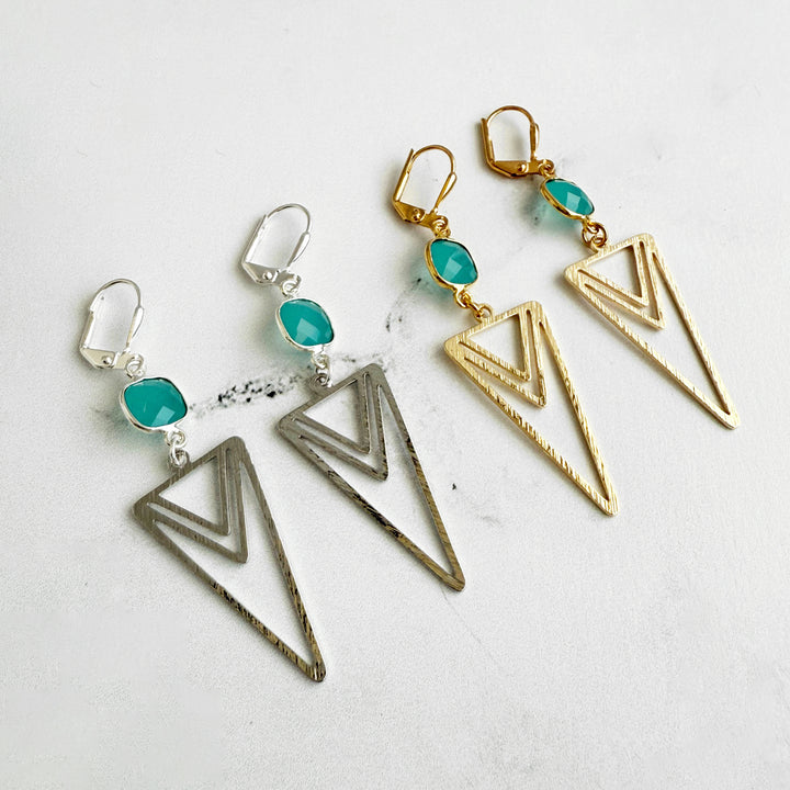 Aqua Chalcedony and Layered Triangle Statement Earrings
