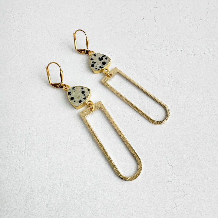 Dalmation Jasper Horseshoe Dangle Earrings in Brushed Gold