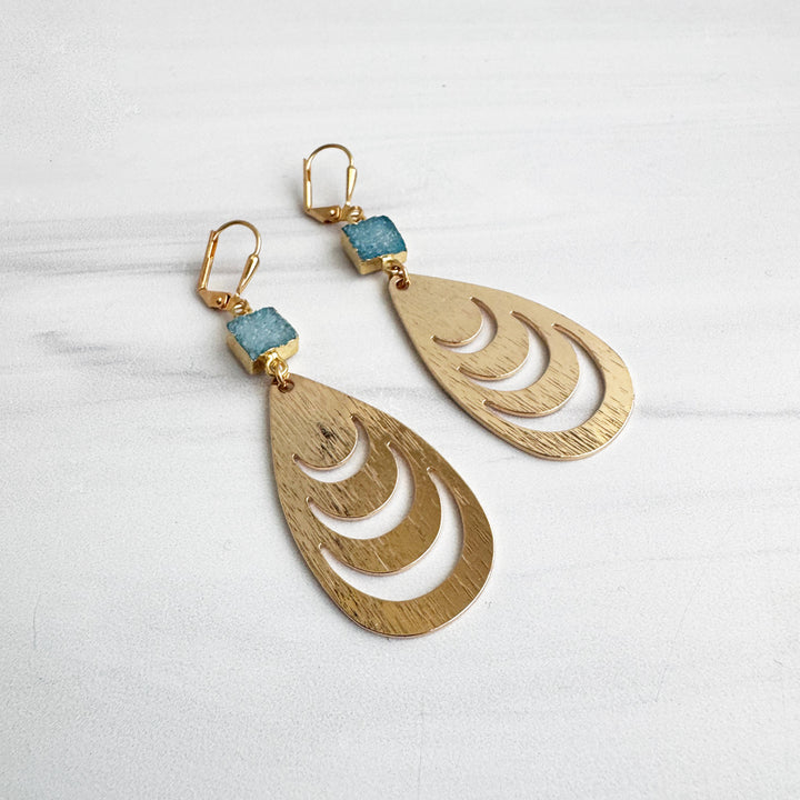 Blue Druzy Cutout Teardrop Earrings in Brushed Gold