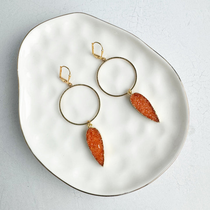 Orange Druzy Statement Hoop Earrings in Gold