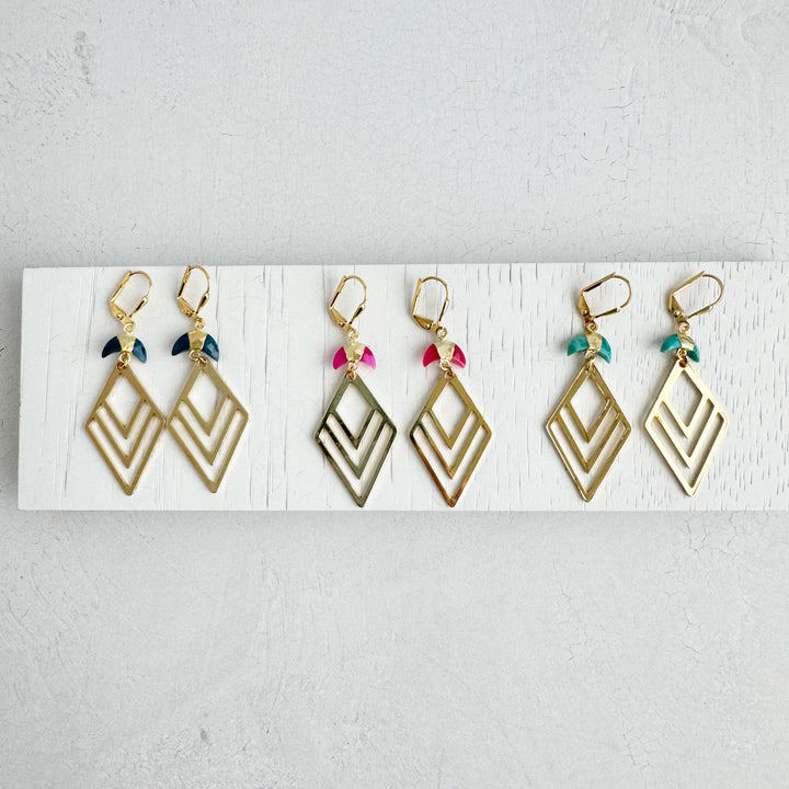 Layered Diamond and Crescent Stone Dangle Earrings in Gold